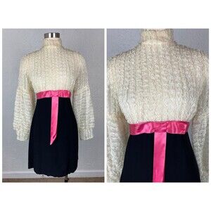 1960s 60s Cream Black and Hot Pink Ruffled Lace Bishop Balloon Sleeve Mini Dress